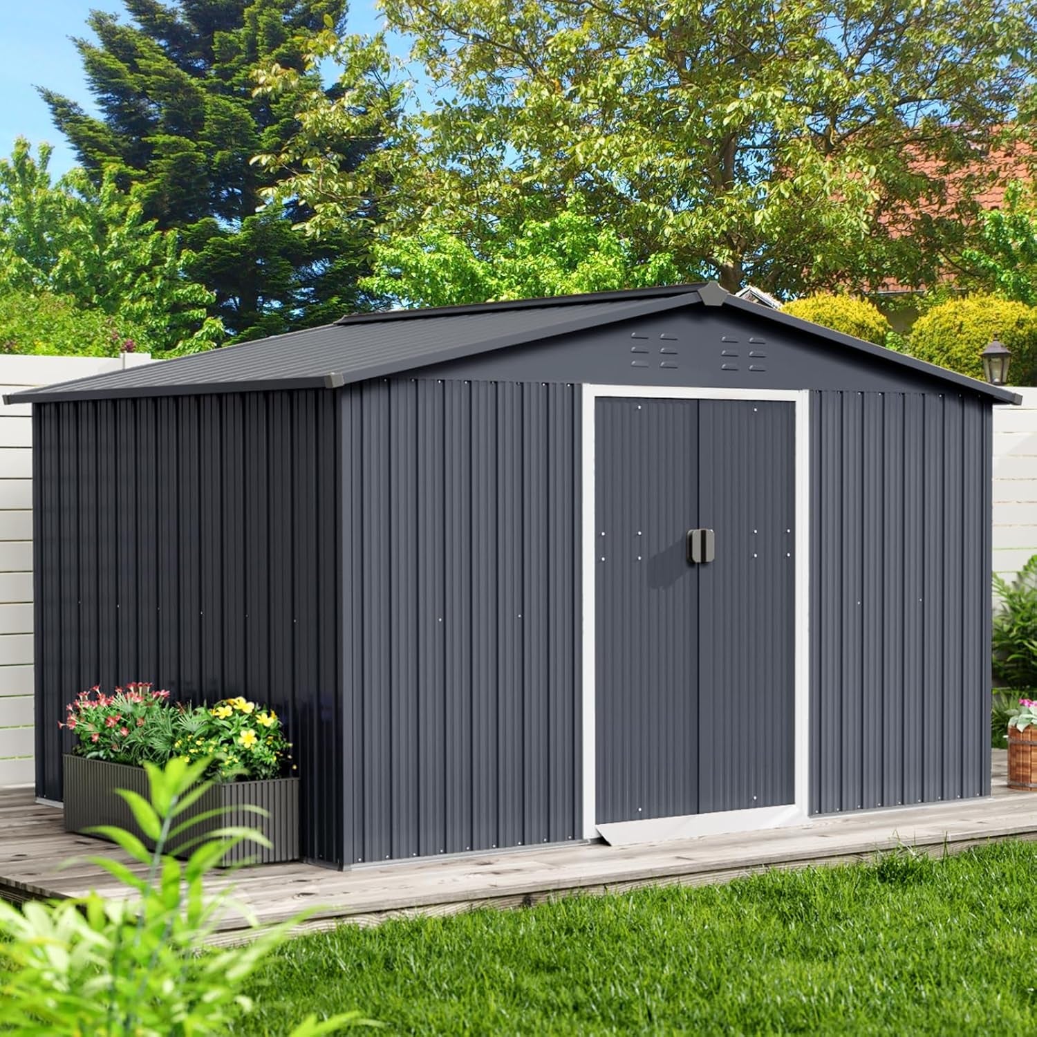 Zstar 10 X 8 FT Outdoor Storage Shed, Metal Storage Shed with Updated Frame Structure, Lockable Doors and Sloped Roof, Large Storage Shed for Backyard Garden Patio Lawn, Gray