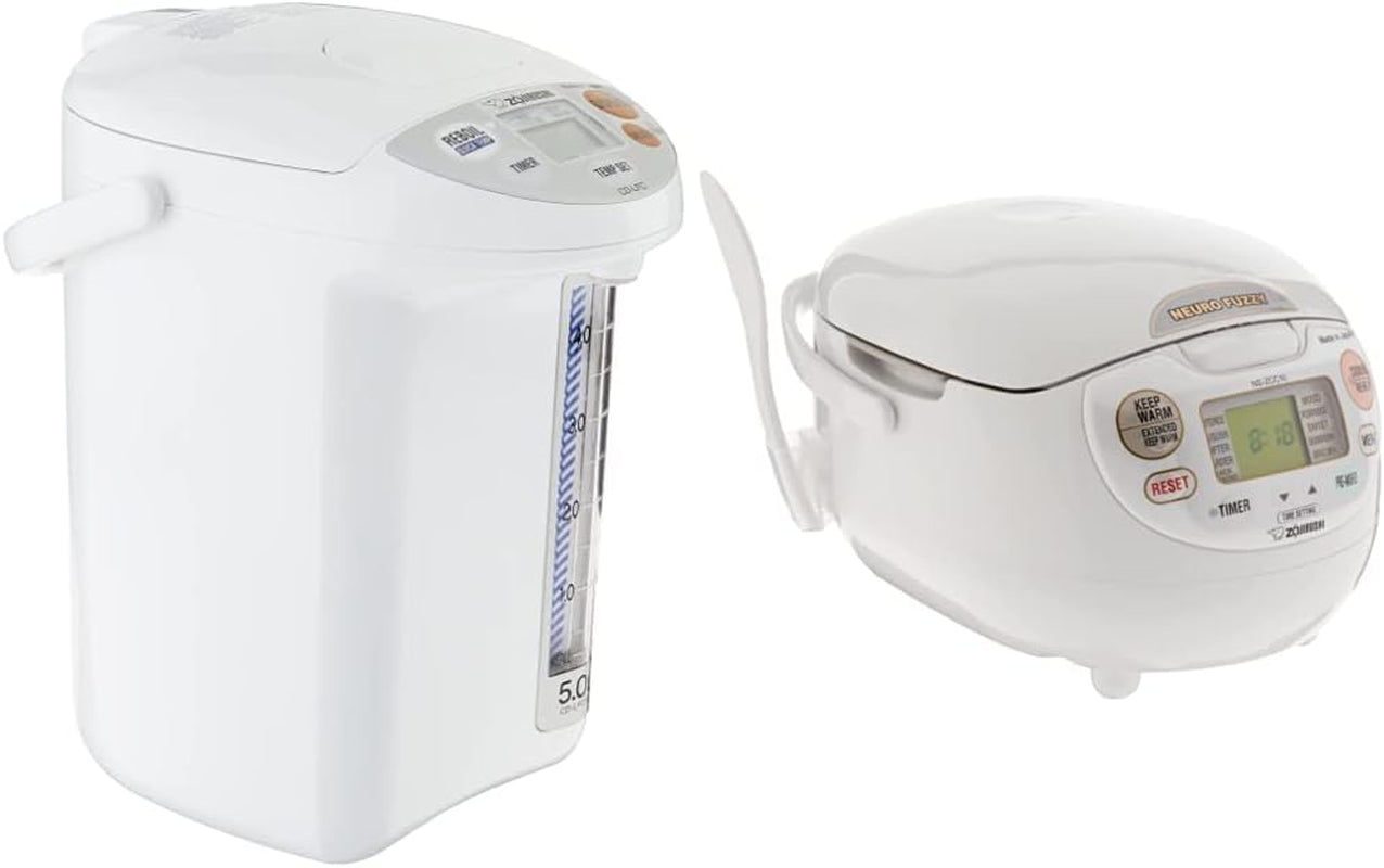 Zojirushi Micom Water Boiler and Warmer, 169 Oz/5.0 L, White & NS-ZCC10 Neuro Fuzzy Rice Cooker, 5.5-Cup, White