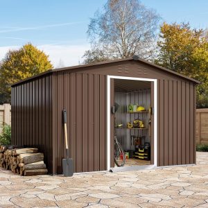 Zstar 12 X 10 FT Outdoor Storage Shed, Waterproof Storage House with Sloping Roof & Lockable Doors, Steel Utility Tool Shed, Large Metal Tool Sheds for Backyard Garden Patio Lawn, Brown