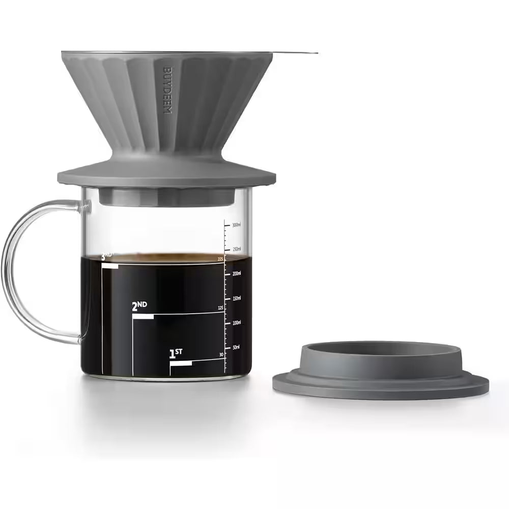 1 Cup Pour over Coffee Maker with Reusable Stainless Steel Filter, BPA Free Food Grade Silicone, 12Oz, Ink Grey