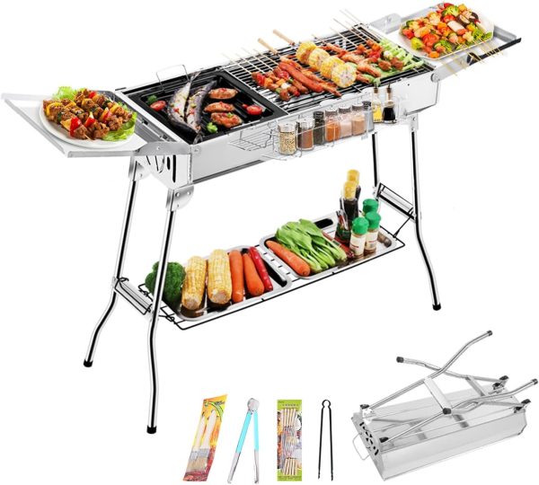 Portable Charcoal Grills Outdoor Foldable BBQ Grill Folded Camping Barbecue Grill Kabob Smoker Grill for Garden Backyard Party Picnic Travel Outdoor