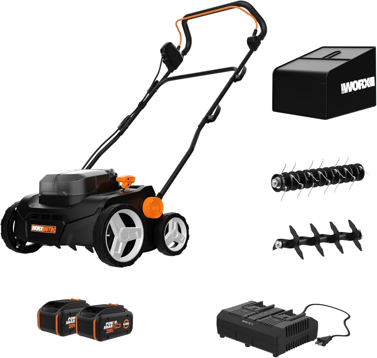 Worx Nitro 40V Cordless 14" Lawn Dethatcher W/ Brushless Motor, 2-In-1 Dethatcher and Scarifier Removes Deep Thatch, Dethatcher Cordless Tool to Improve Grass Health - 2 Batteries & Charger Included