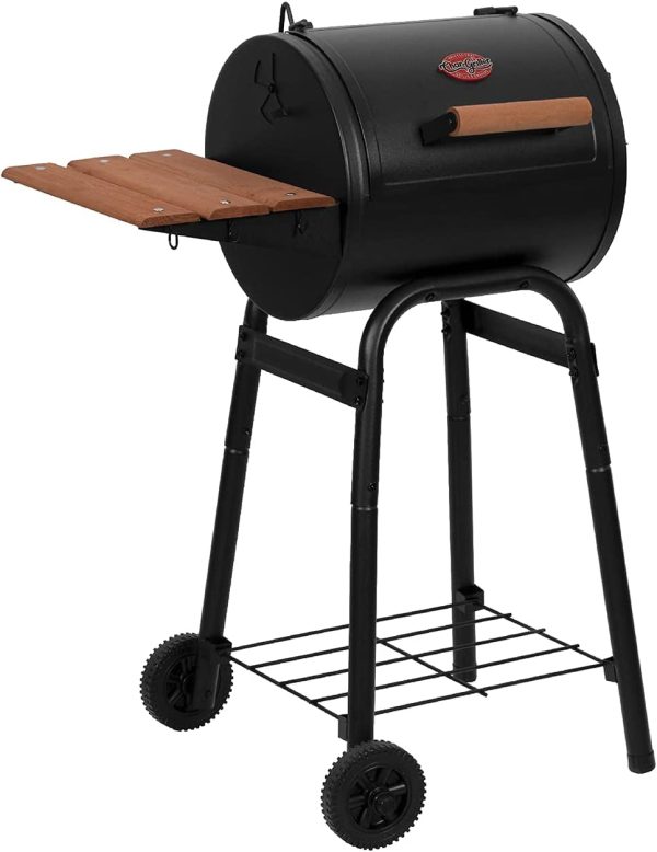 ® Patio Pro Charcoal Grill and Smoker with Cast Iron Grates, Premium Wood Shelf and Damper Control, 250 Cooking Square Inches in Black, Model E1515