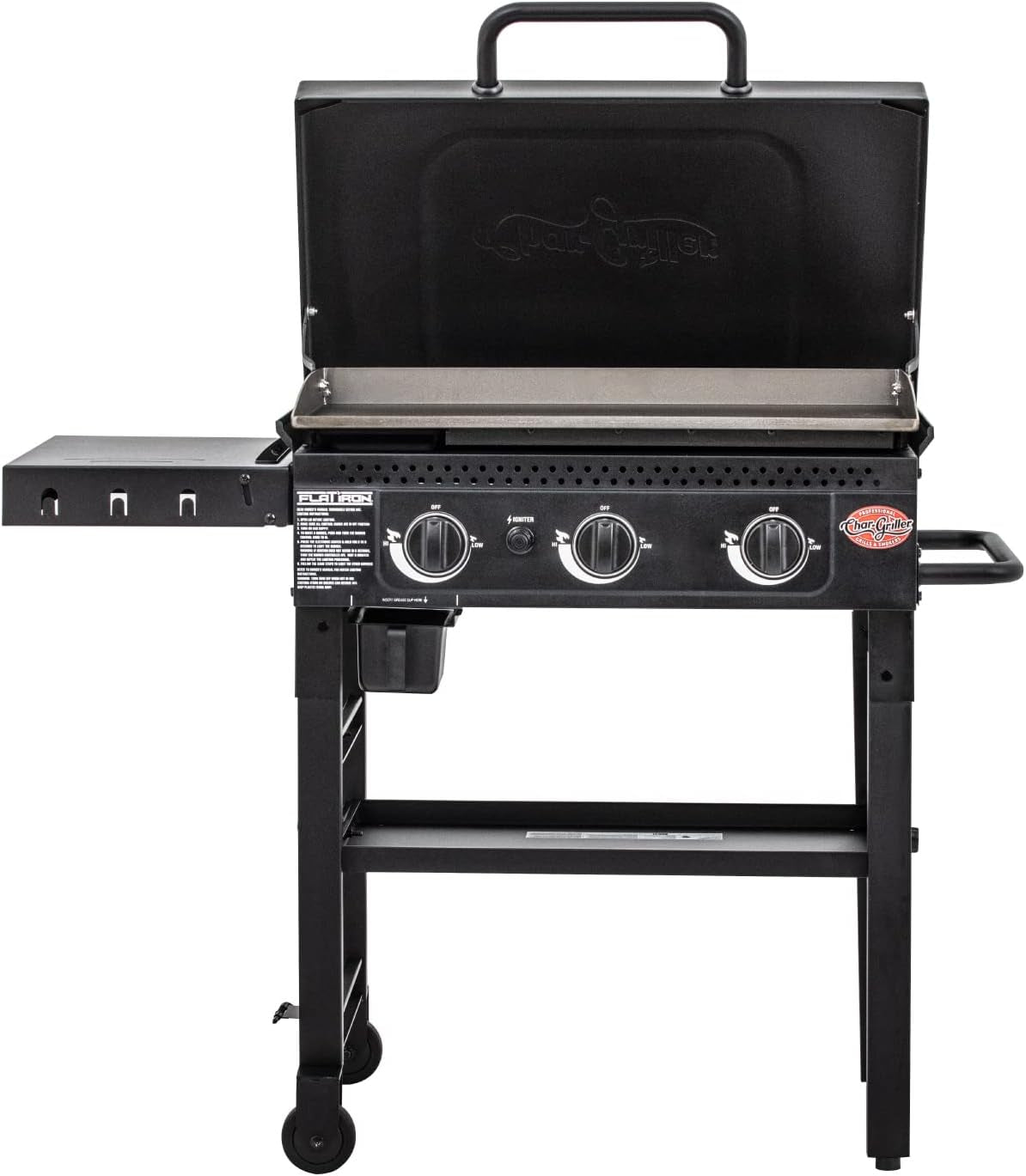 ® Flat Iron 3-Burner Propane Gas Flat-Top Griddle with Steel Griddle Top, Hinged Lid and Wind Guards, 520 Cooking Square Inches in Black, Model 8428