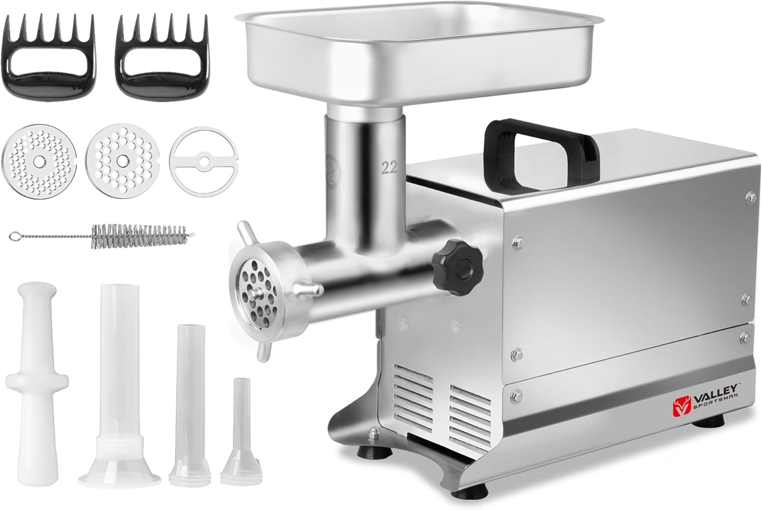 #22 Stainless Steel Meat Grinder, 1 HP 750W, Mirror Polishing, Heavy Duty, Sausage Stuffer with 4.5Mm/10Mm Grinding Plates, Sausage Tubes & Meat Stomper, for Commercial & Daily Use